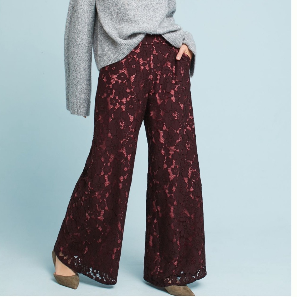 Anthropologie Burgundy Lace Wide-Leg Pants
